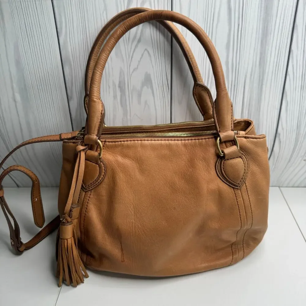 J Crew Peyton Brown Satchel Purse Bag Brown Soft Leather Tassels (READ)